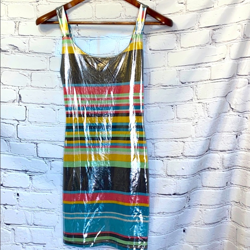 Lovely Day Yellow Gray Metallic Striped Tank Dress Size Small